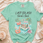 Mint green t-shirt with Sarah's Splash bachelorette graphic featuring pool float and flamingos.