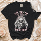 Black t-shirt with skull bride graphic and "Til Death & Taxes Do Us Part" text.