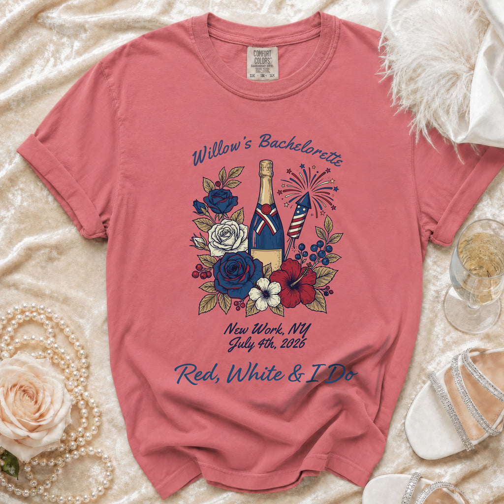 Willow's Bachelorette t-shirt with fireworks, flowers, and event details.