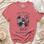 Willow's Bachelorette t-shirt with fireworks, flowers, and event details.
