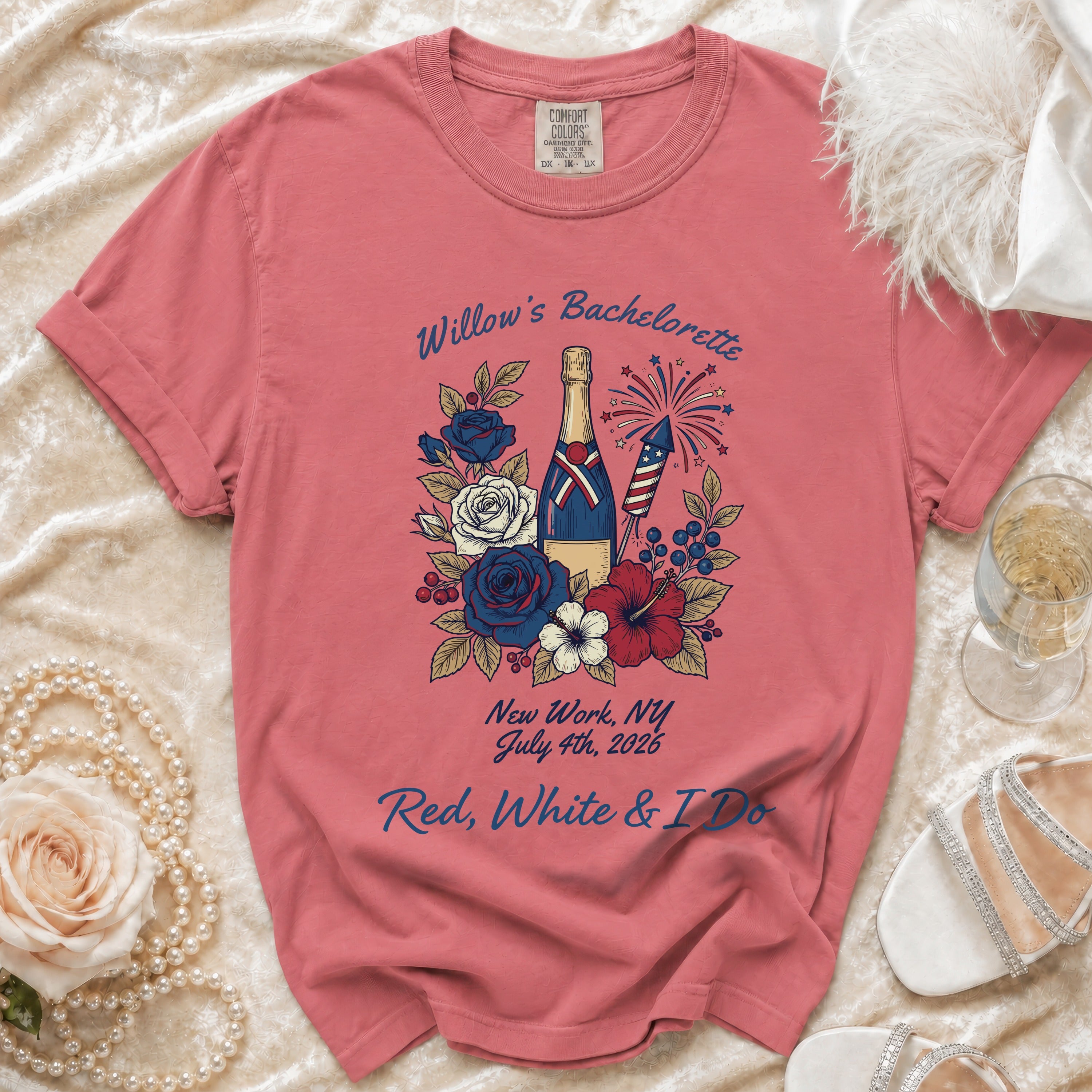 Willow's Bachelorette t-shirt with fireworks, flowers, and event details.