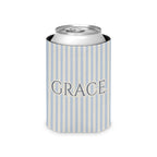 Beverage can cooler with blue and white stripes and the word GRACE.