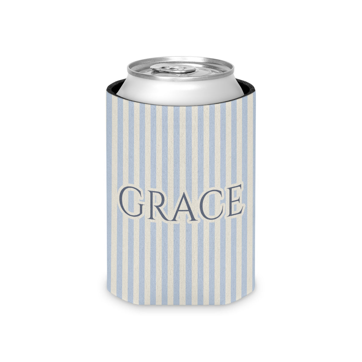 Beverage can cooler with blue and white stripes and the word GRACE.