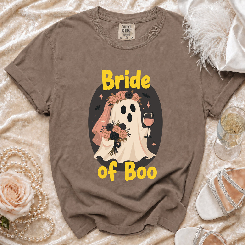 Brown t-shirt with a ghost wearing a veil and holding flowers.