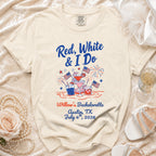 "Red, White & I Do" bachelorette t-shirt with "Willow's Bachelorette Austin, TX July 4th, 2026" text.