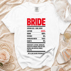 White t-shirt with "BRIDE" and a nutritional label of ingredients and percentages.
