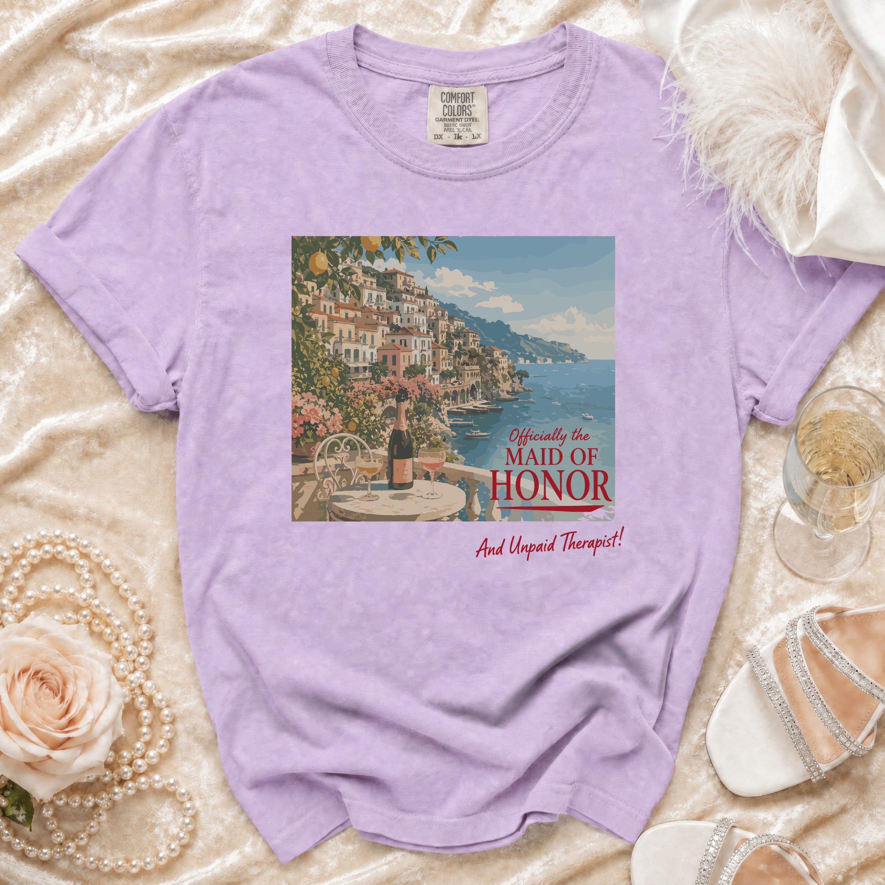 Lavender t-shirt with graphic "Officially the Maid of Honor and Unpaid Therapist!".