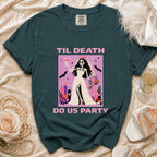 Skeleton bride holding champagne, with text "Til Death Do Us Party."