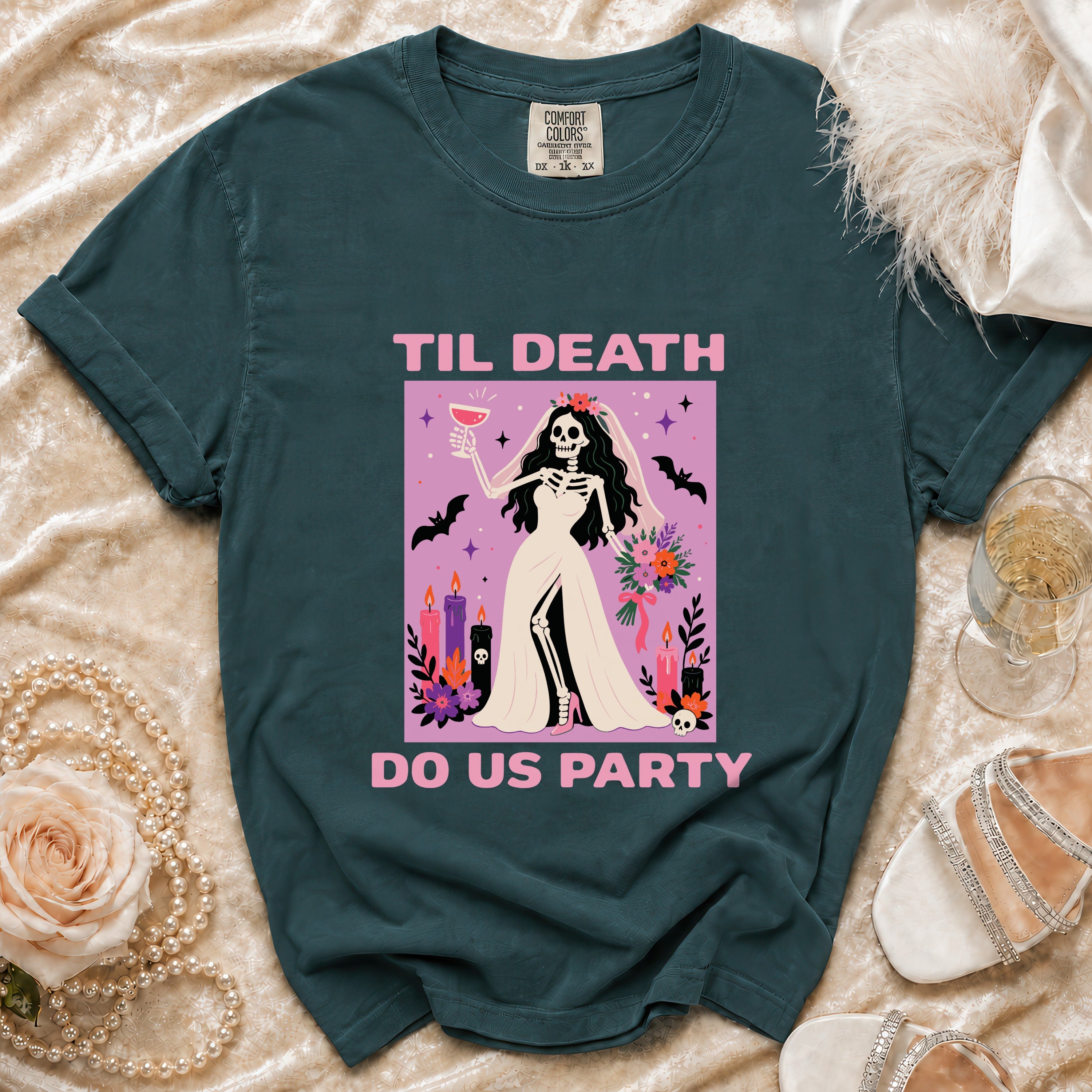 Skeleton bride holding champagne, with text "Til Death Do Us Party."