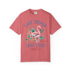 Coral t-shirt with "Last Splash Sarah's Bach Malibu, CA Summer 2026" and flamingo graphic.