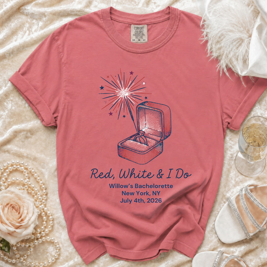 T-shirt with "Red, White & I Do Willow's Bachelorette" text and fireworks.