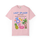 Pink t-shirt with "Last Splash Sarah's Bach Malibu, CA Summer 2026" and beach graphics.