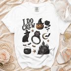 White t-shirt with "I DO CREW" and Halloween-themed graphics.