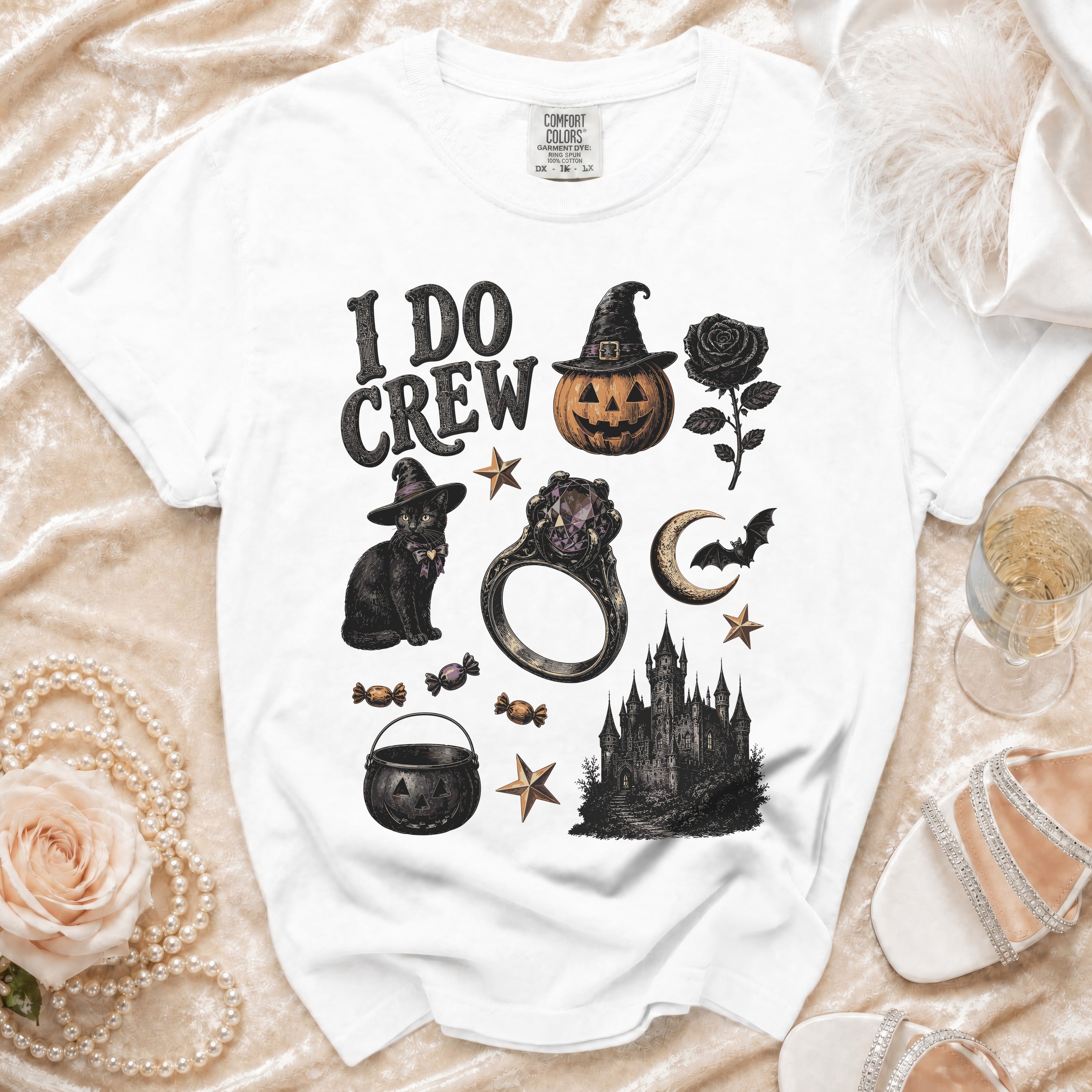 White t-shirt with "I DO CREW" and Halloween-themed graphics.
