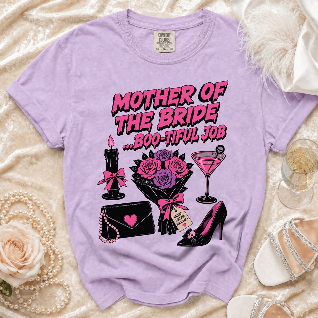 Purple t-shirt with "Mother of the Bride ...Boo-tiful Job" graphic and Gothic wedding icons.