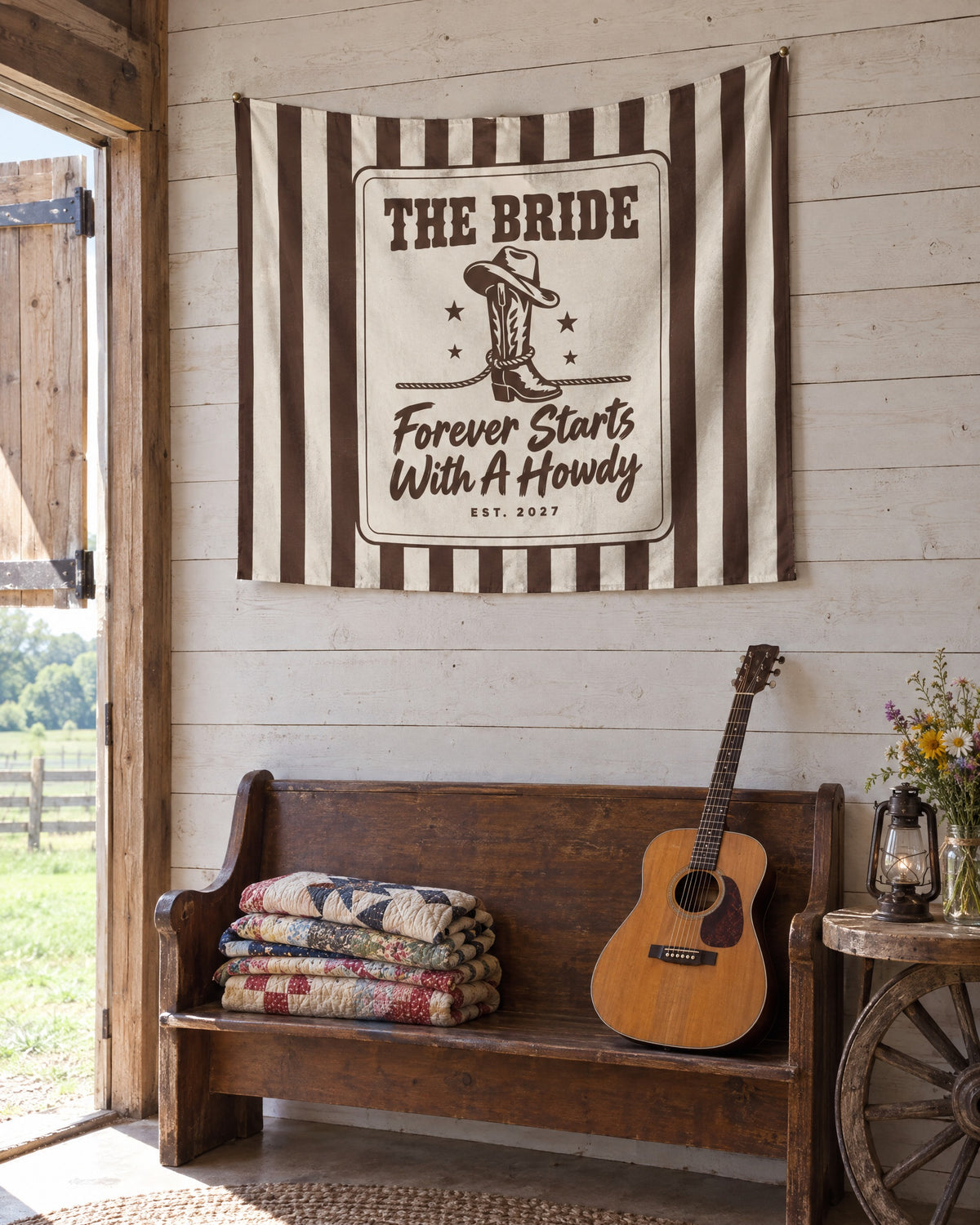 Forever Starts With A Howdy wall tapestry on a bachelorette trip with the crew