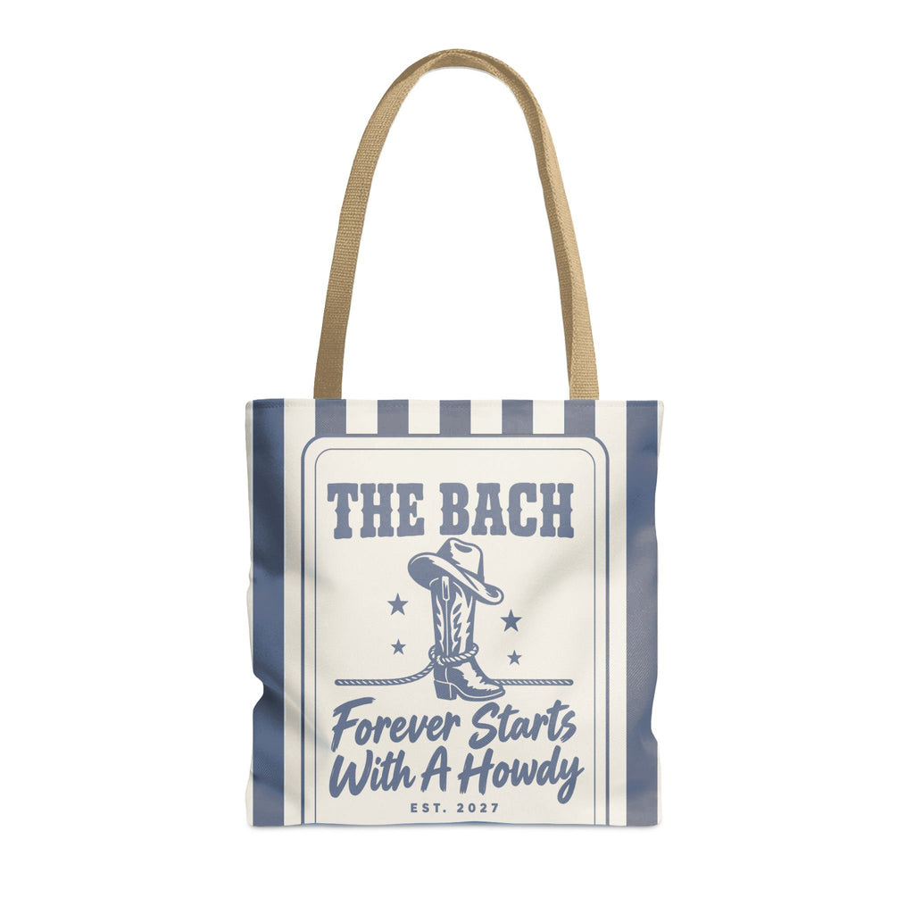 Forever Starts With A Howdy striped tote bag, Blue Jean