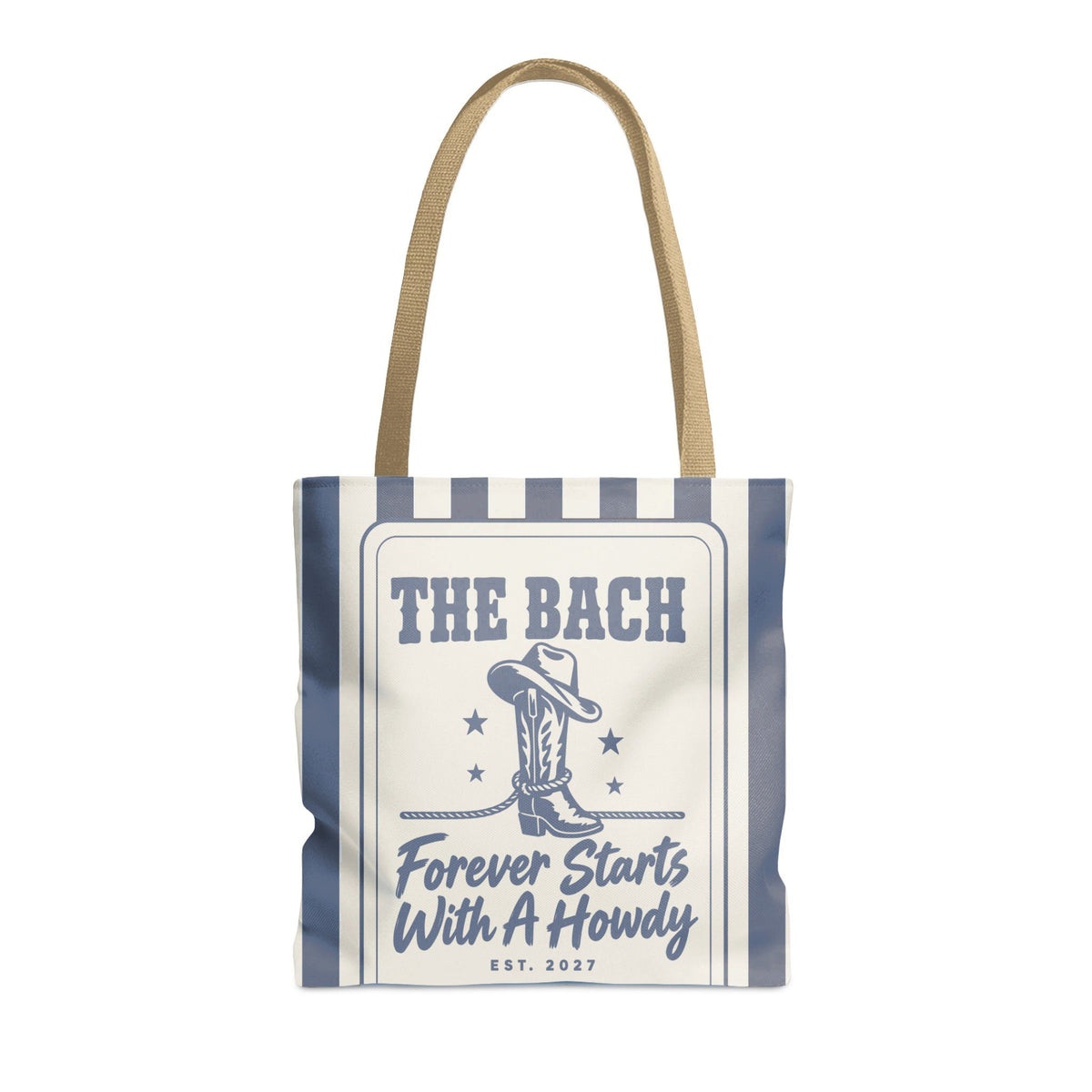 Forever Starts With A Howdy striped tote bag, Blue Jean