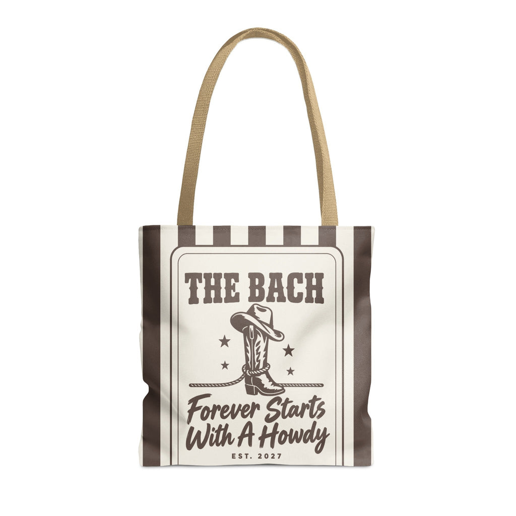 Forever Starts With A Howdy striped tote bag, Espresso