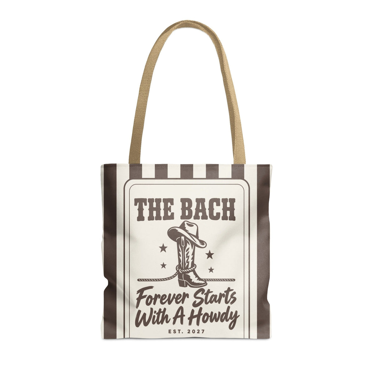 Forever Starts With A Howdy striped tote bag, Espresso