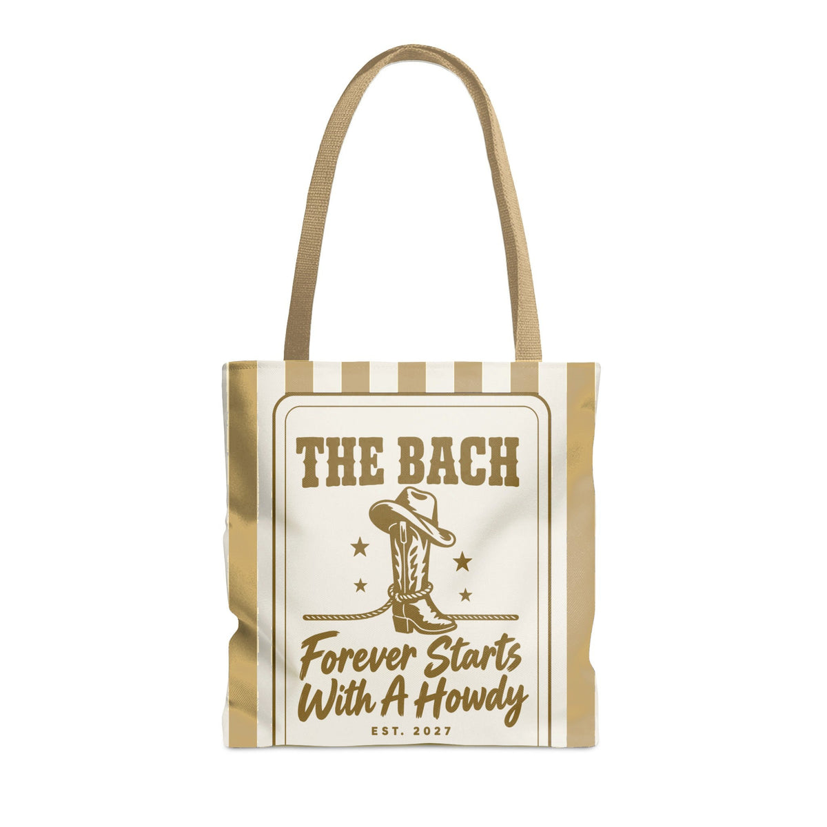Forever Starts With A Howdy striped tote bag, Mustard