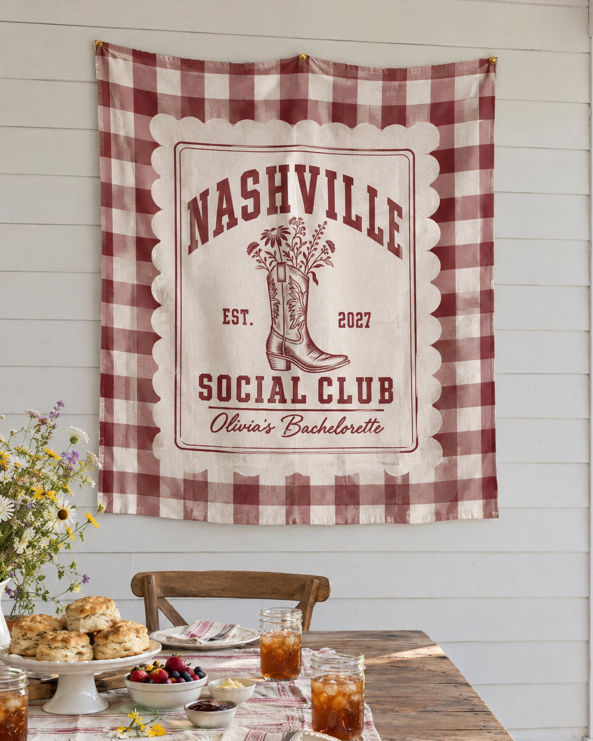 Nashville Social Club Gingham Scallop Tapestry in use, Nashville Social Club bachelorette weekend