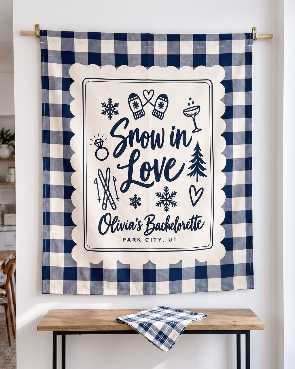 Snow In Love Gingham Scallop Tapestry in use, Snow In Love bachelorette weekend