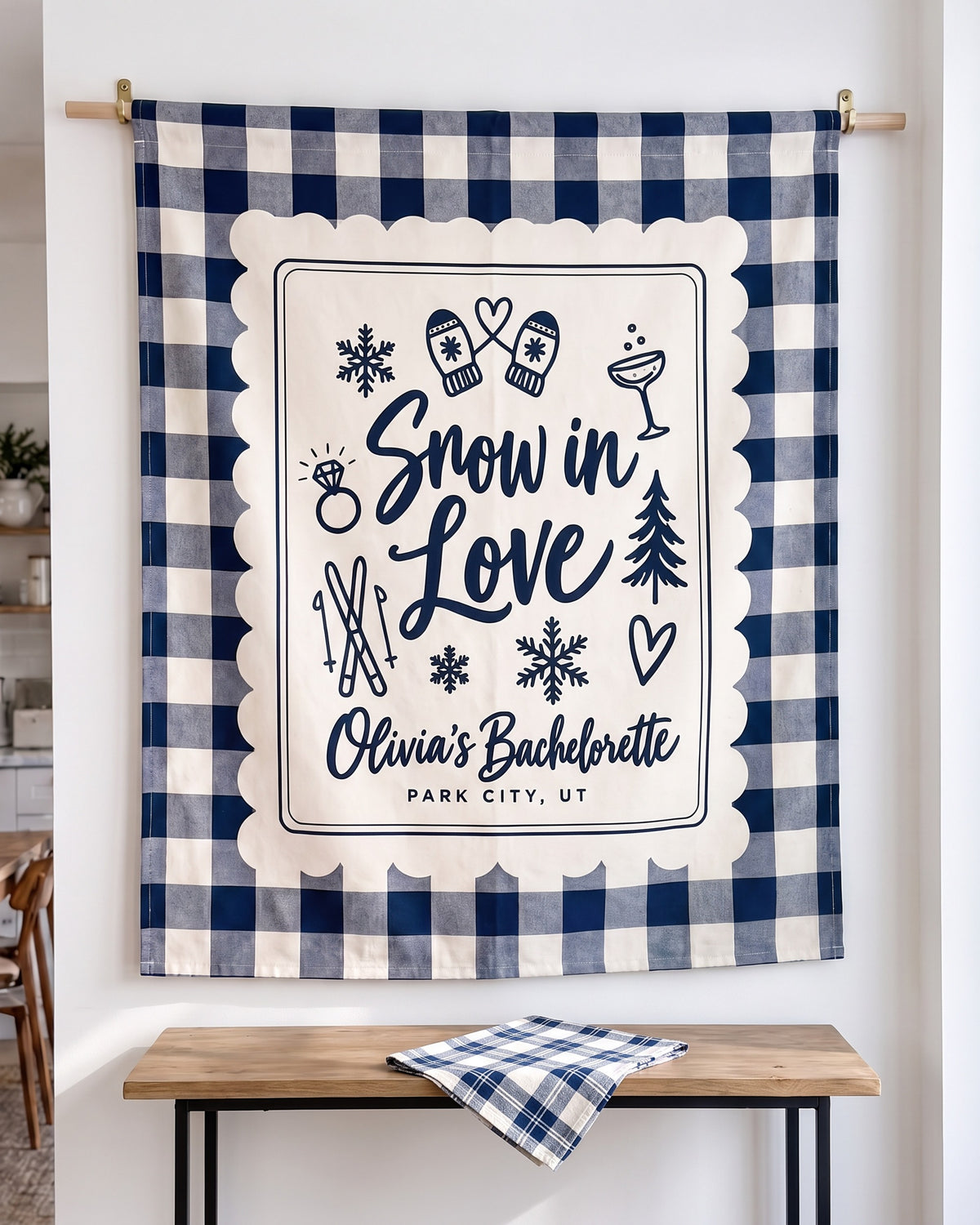 Snow In Love Gingham Scallop Tapestry in use, Snow In Love bachelorette weekend