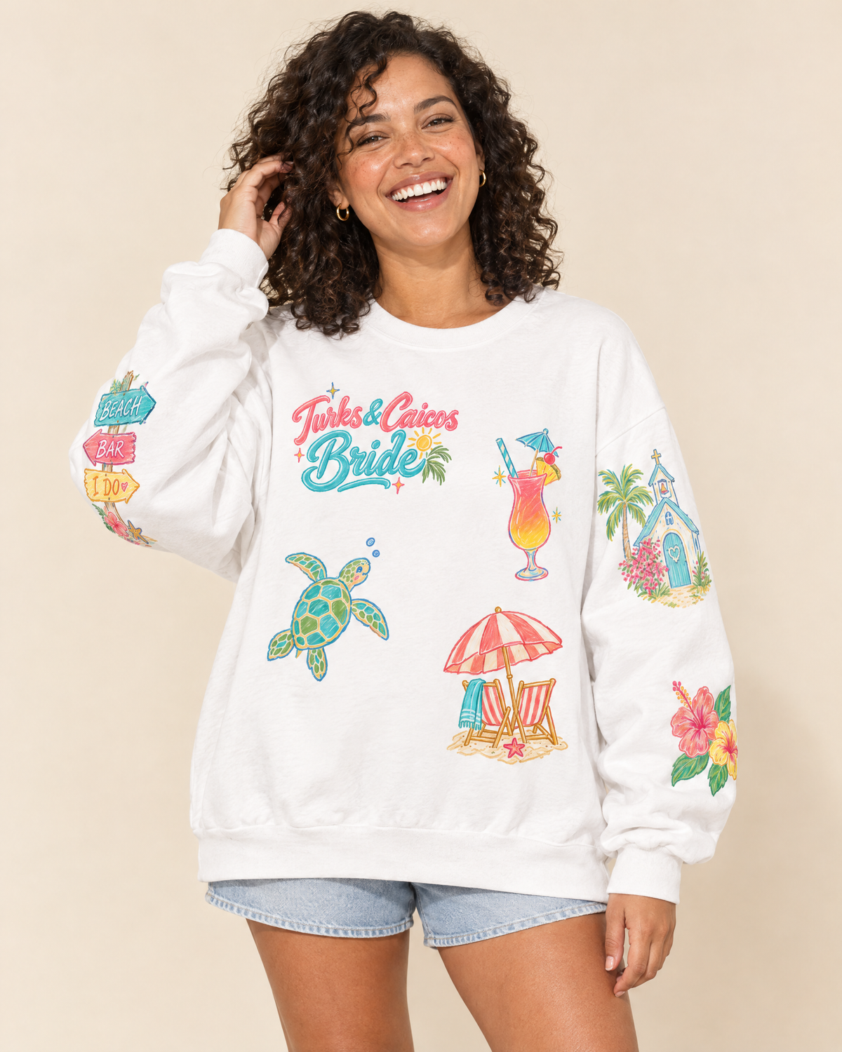 Turks and Caicos Bride Doodles Sweatshirt, front, worn