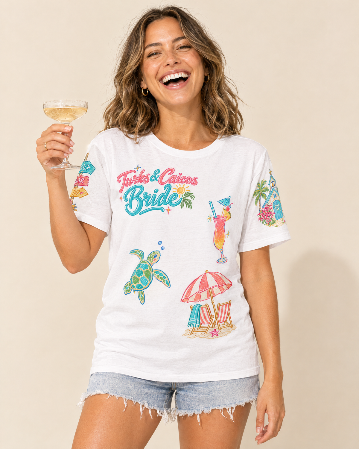 Turks and Caicos Bride Doodles T-shirt, front, worn
