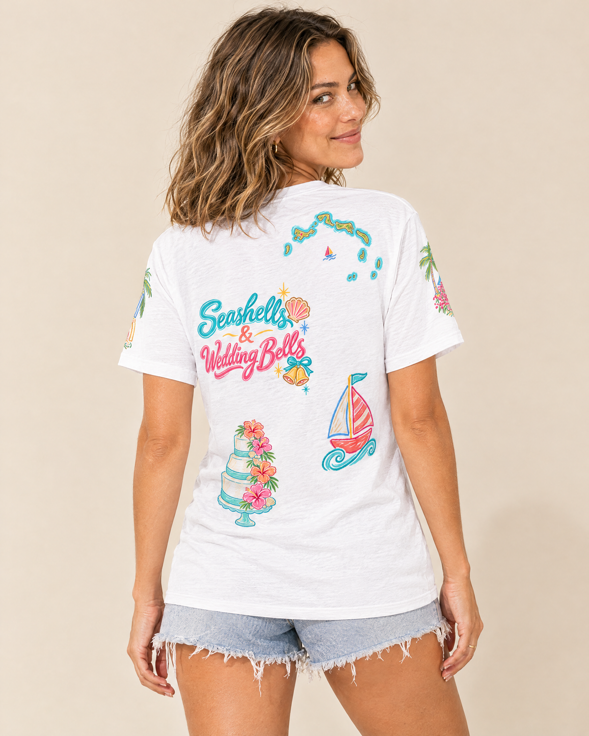 Turks and Caicos Bride Doodles T-shirt, worn back view