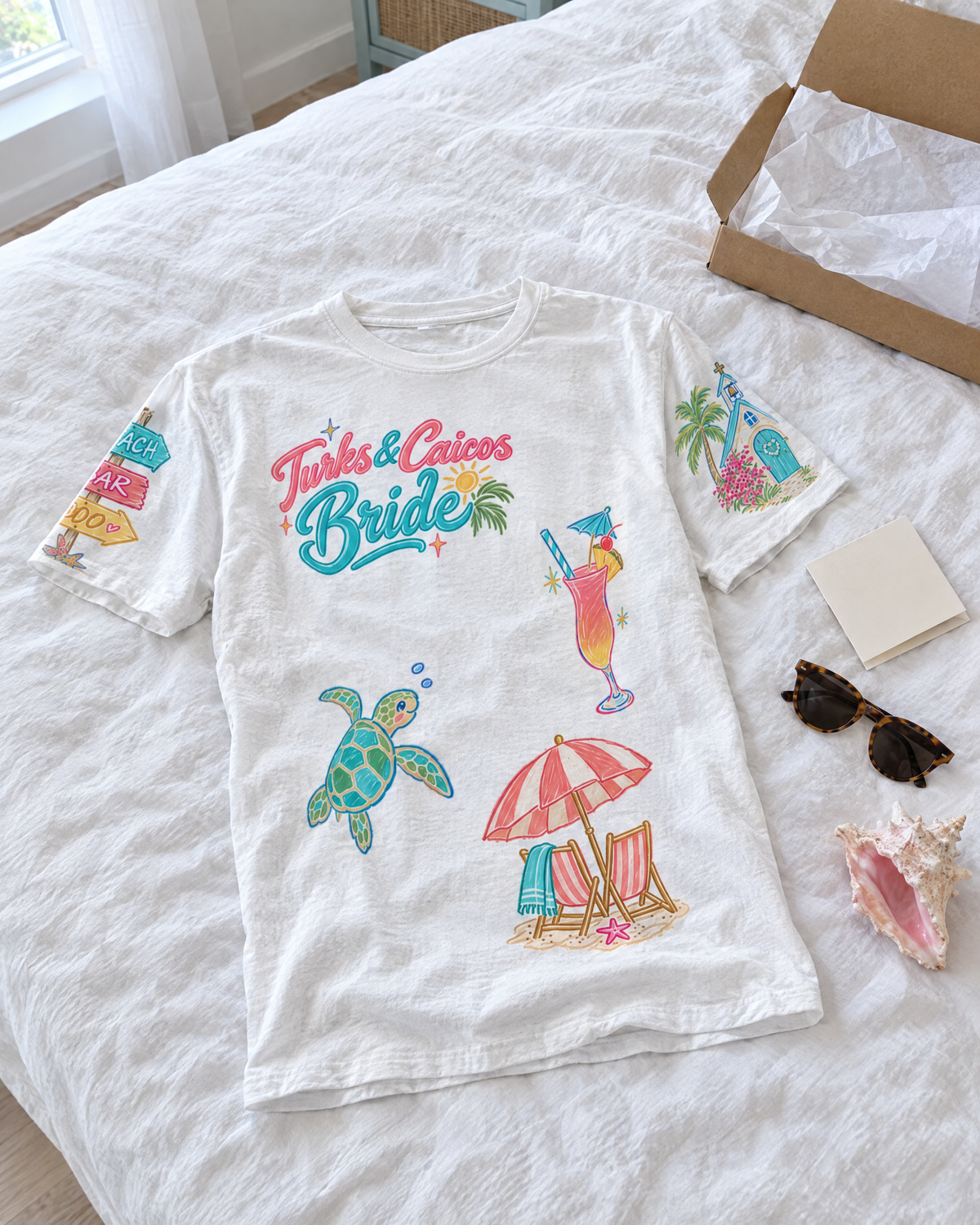 Turks and Caicos Bride Doodles T-shirt, laid on a bed
