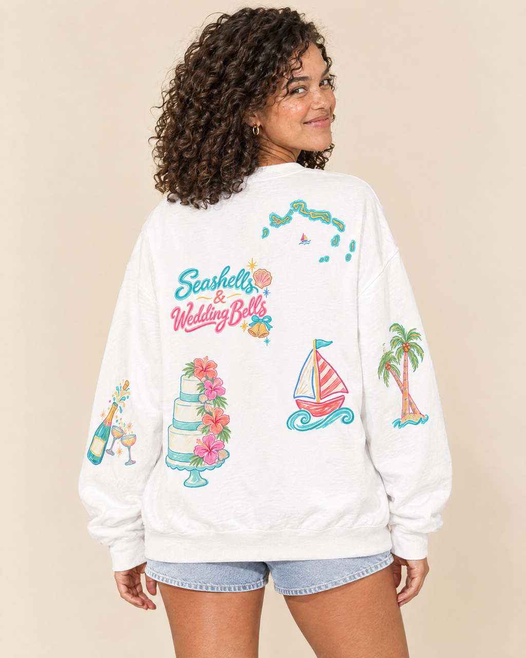 Turks and Caicos Bride Doodles Sweatshirt, worn back view