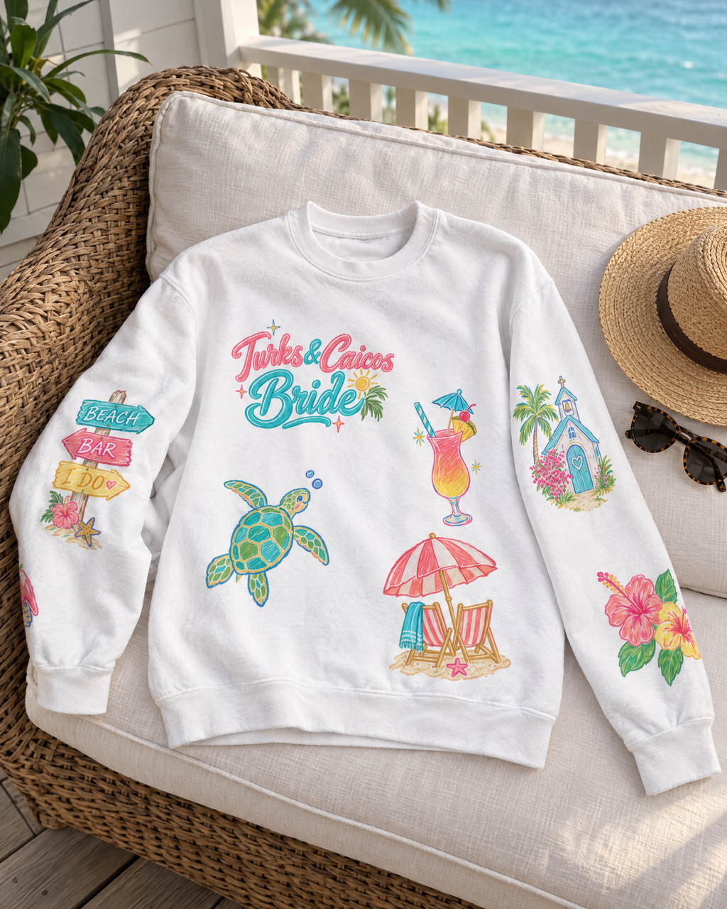 Turks and Caicos Bride Doodles Sweatshirt, on a beach-house porch chair