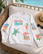Turks and Caicos Bride Doodles Sweatshirt, on a beach-house porch chair