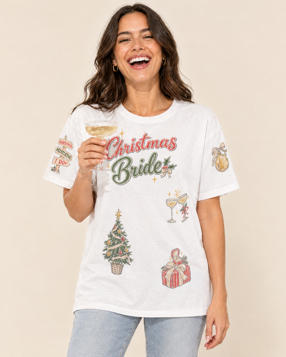 Christmas Bride Doodles T-shirt, front, worn