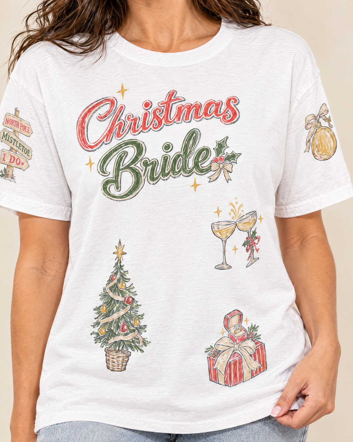 Christmas Bride Doodles T-shirt, close-up