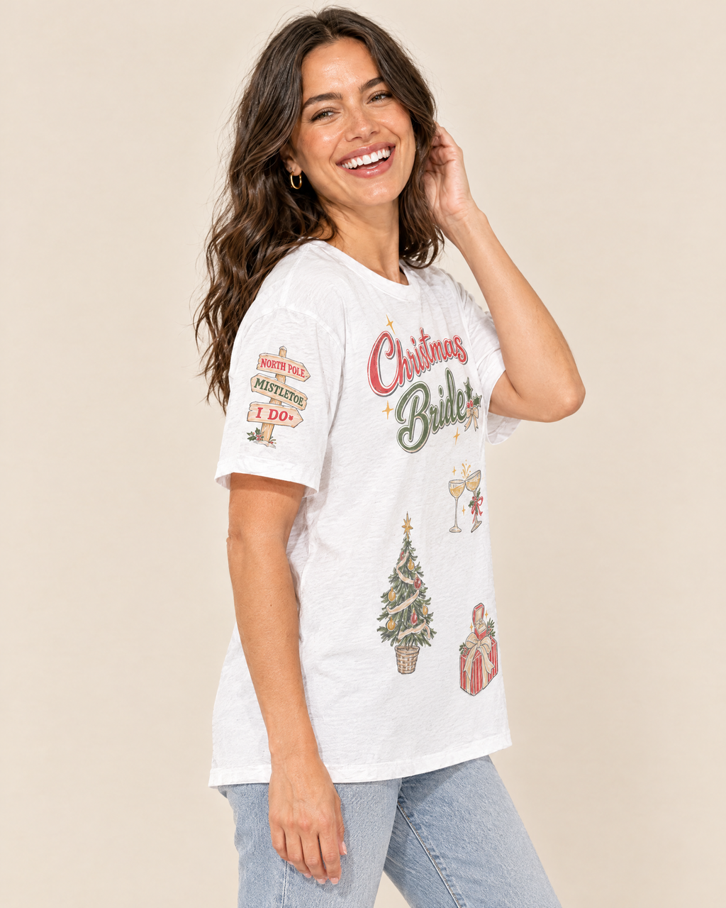 Christmas Bride Doodles T-shirt, three-quarter view with sleeve