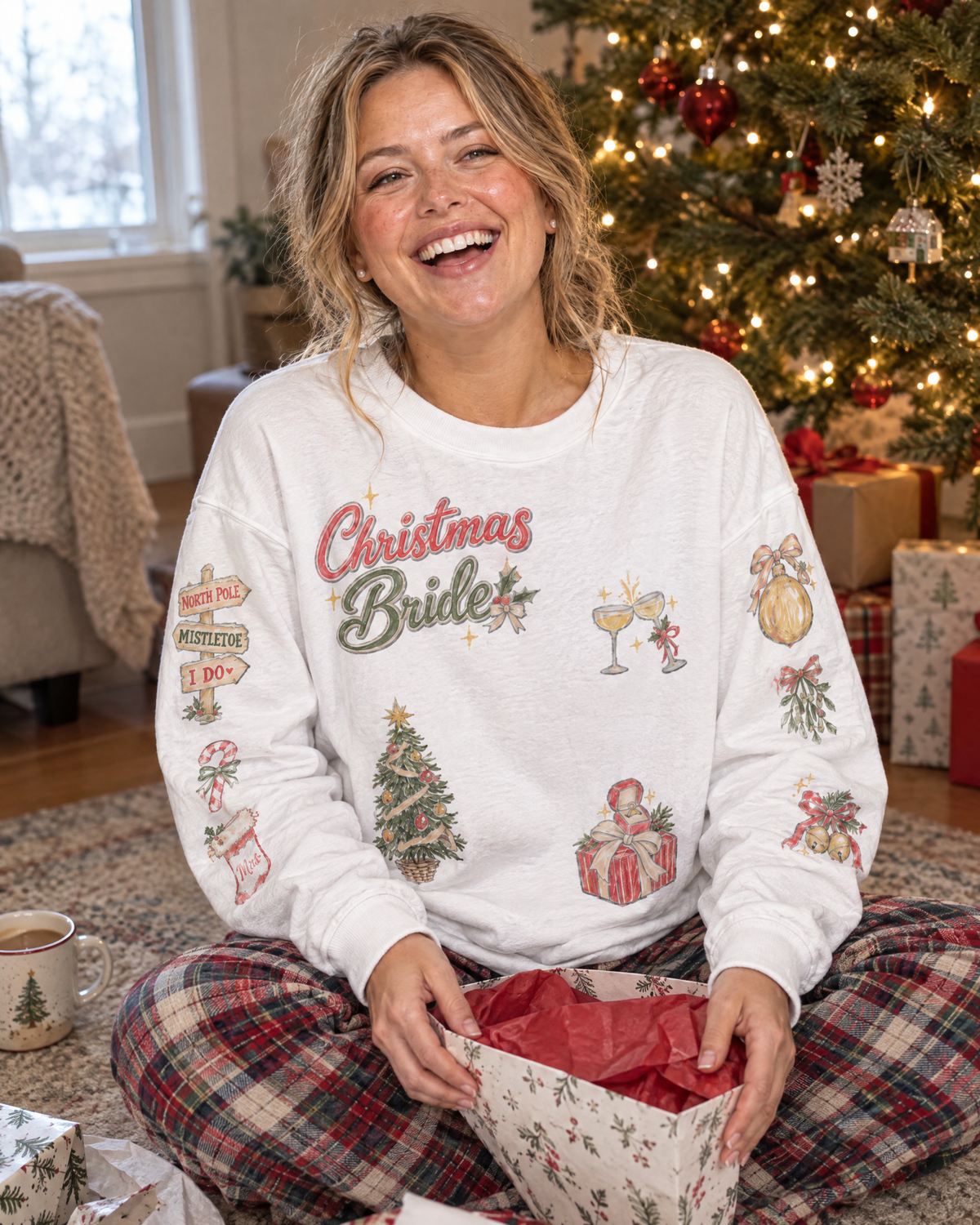 Christmas Bride Doodles Sweatshirt, opening a gift on Christmas morning