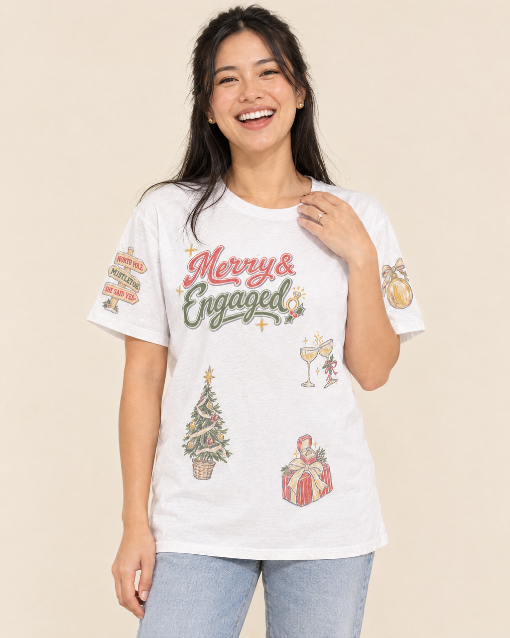 Merry and Engaged Doodles T-shirt, front, worn