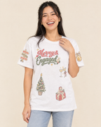 Merry and Engaged Doodles T-shirt, front, worn