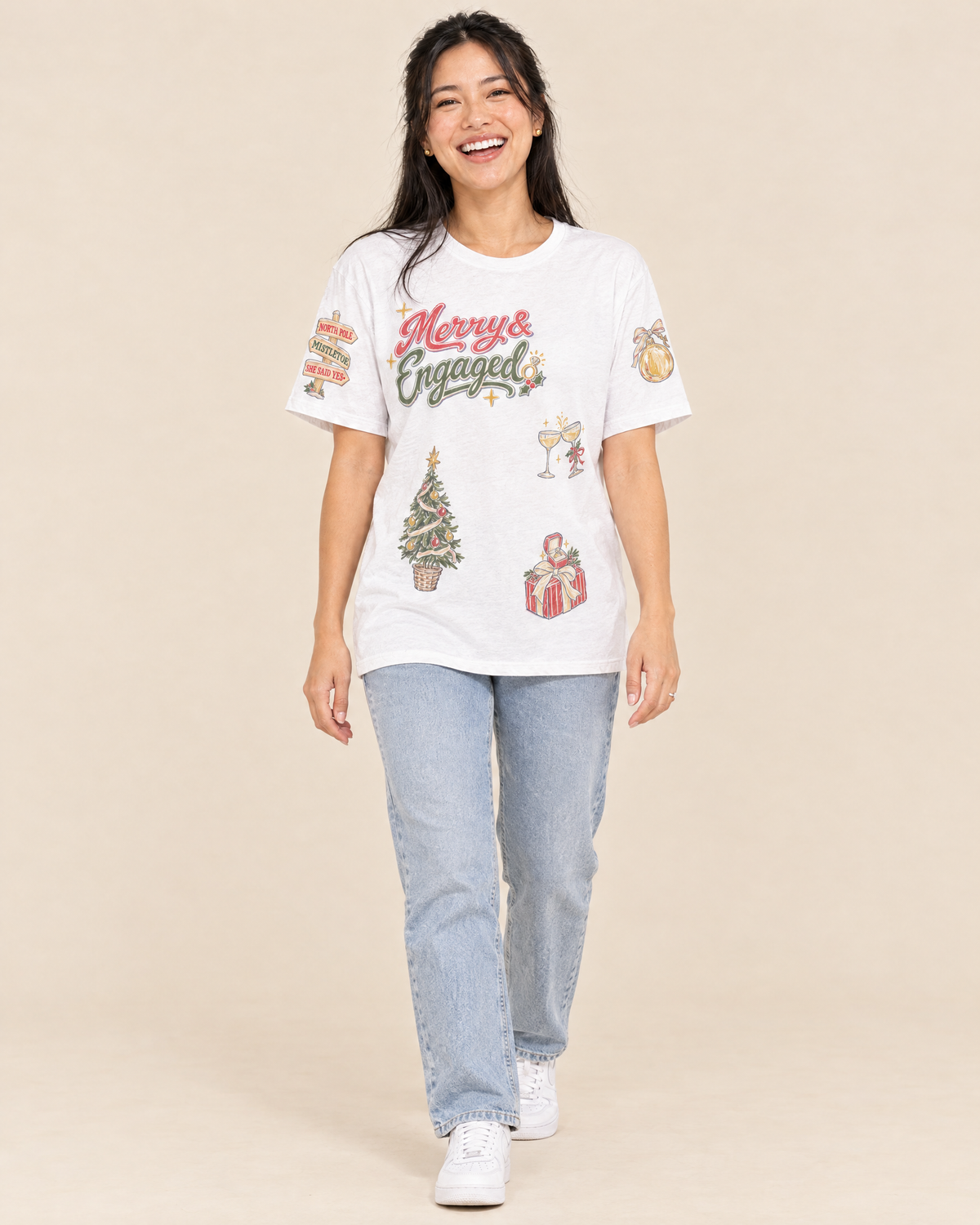 Merry and Engaged Doodles T-shirt, full length