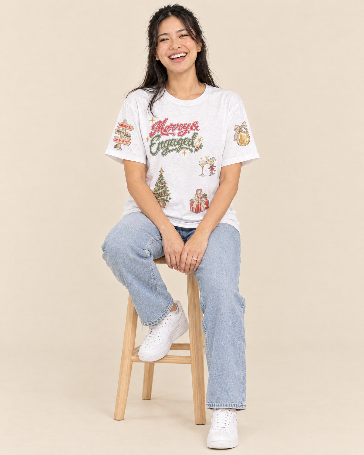 Merry and Engaged Doodles T-shirt, seated