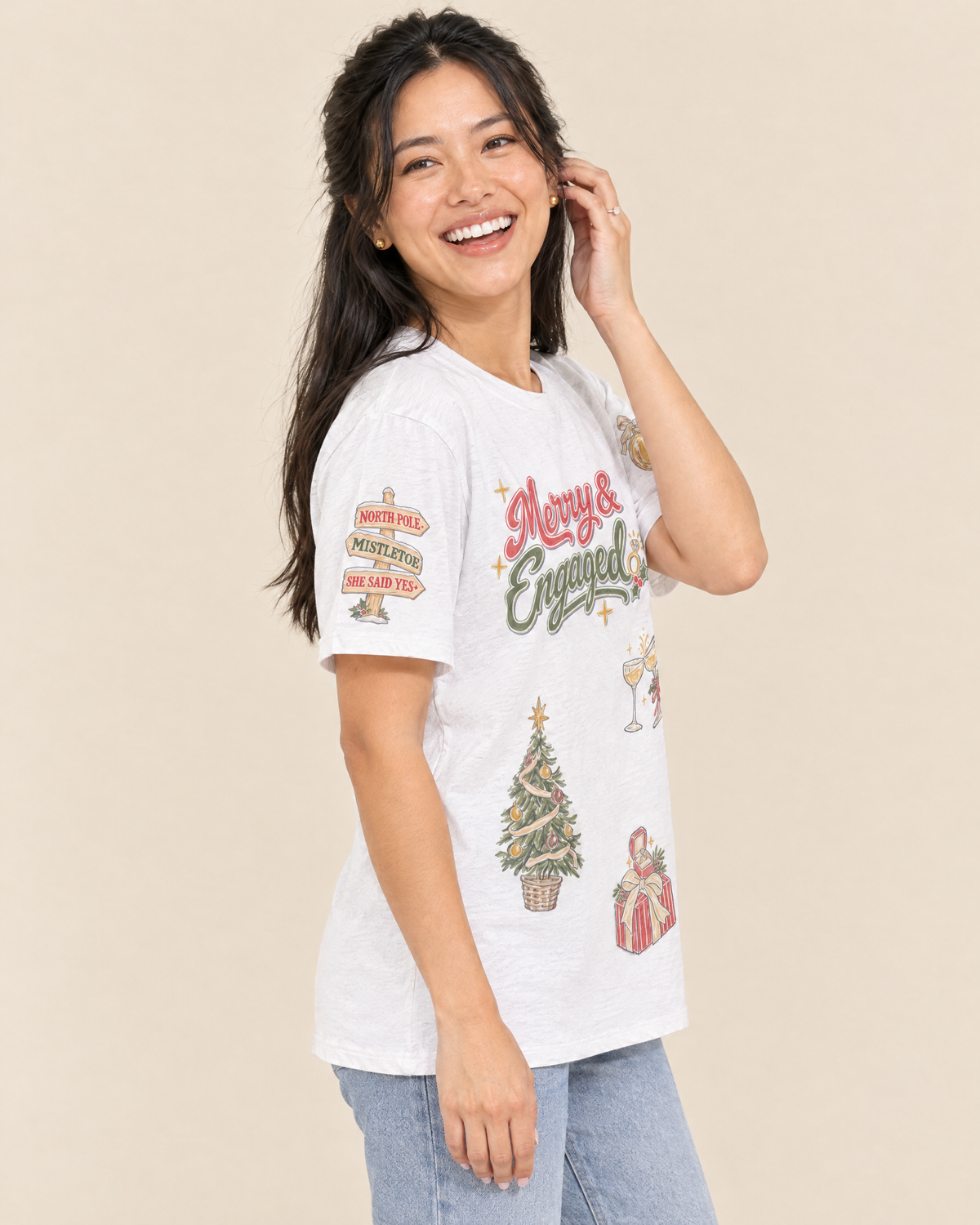Merry and Engaged Doodles T-shirt, three-quarter view with sleeve
