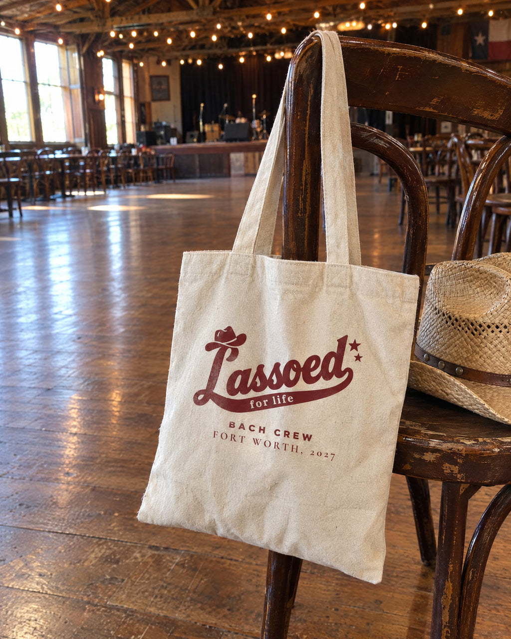 Lassoed For Life canvas tote bag on a bachelorette trip with the crew