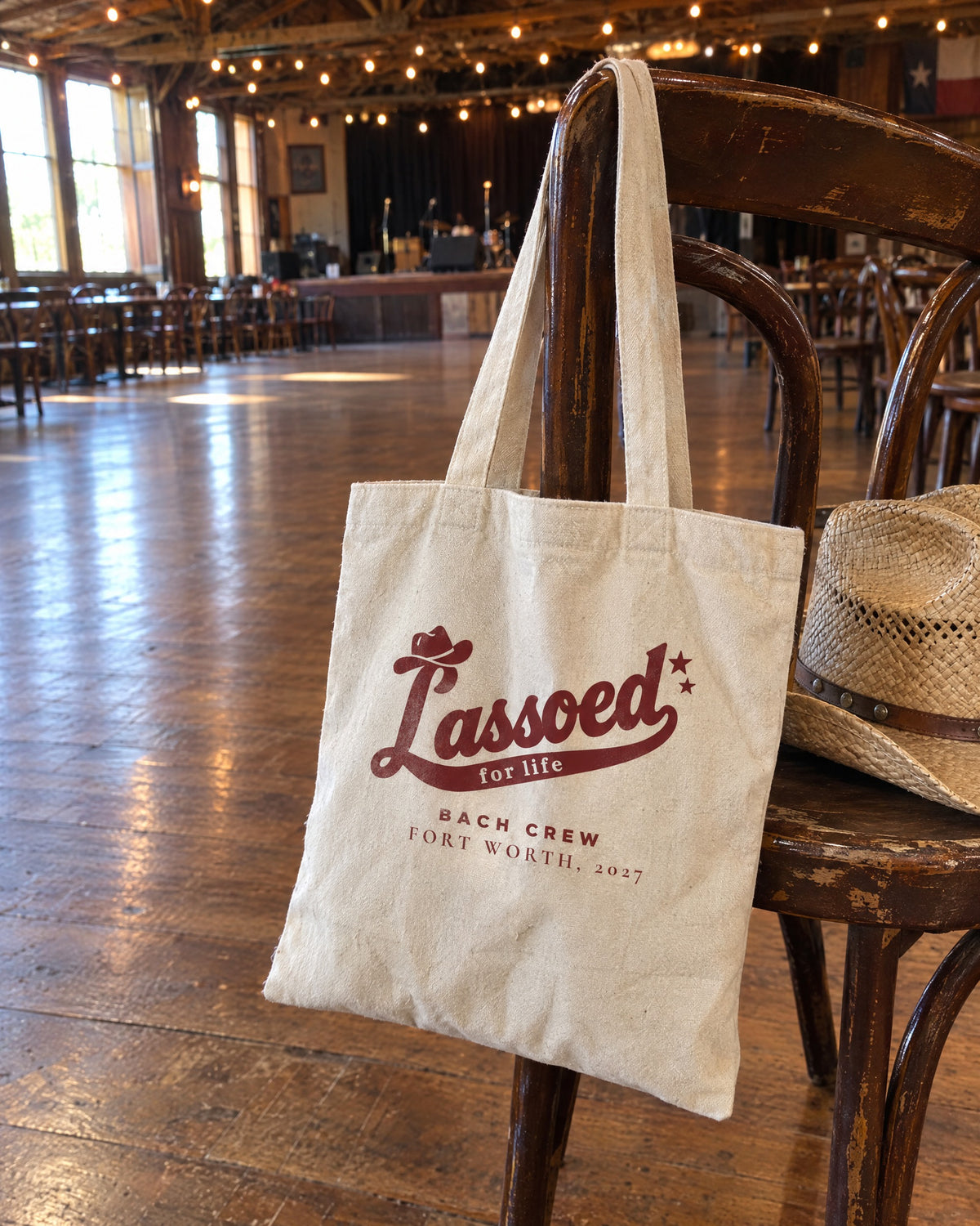 Lassoed For Life canvas tote bag on a bachelorette trip with the crew
