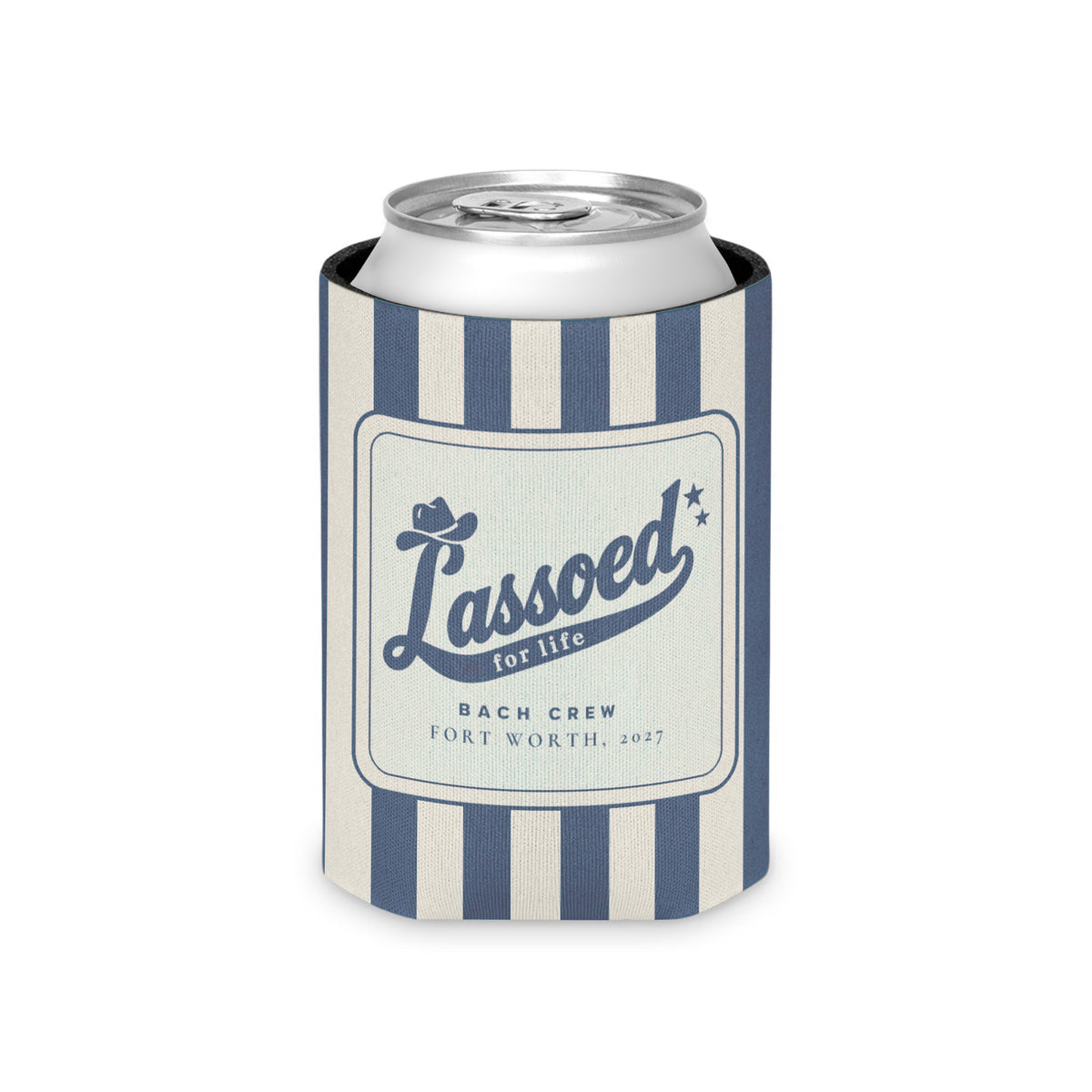 Lassoed For Life striped can cooler, Blue Jean