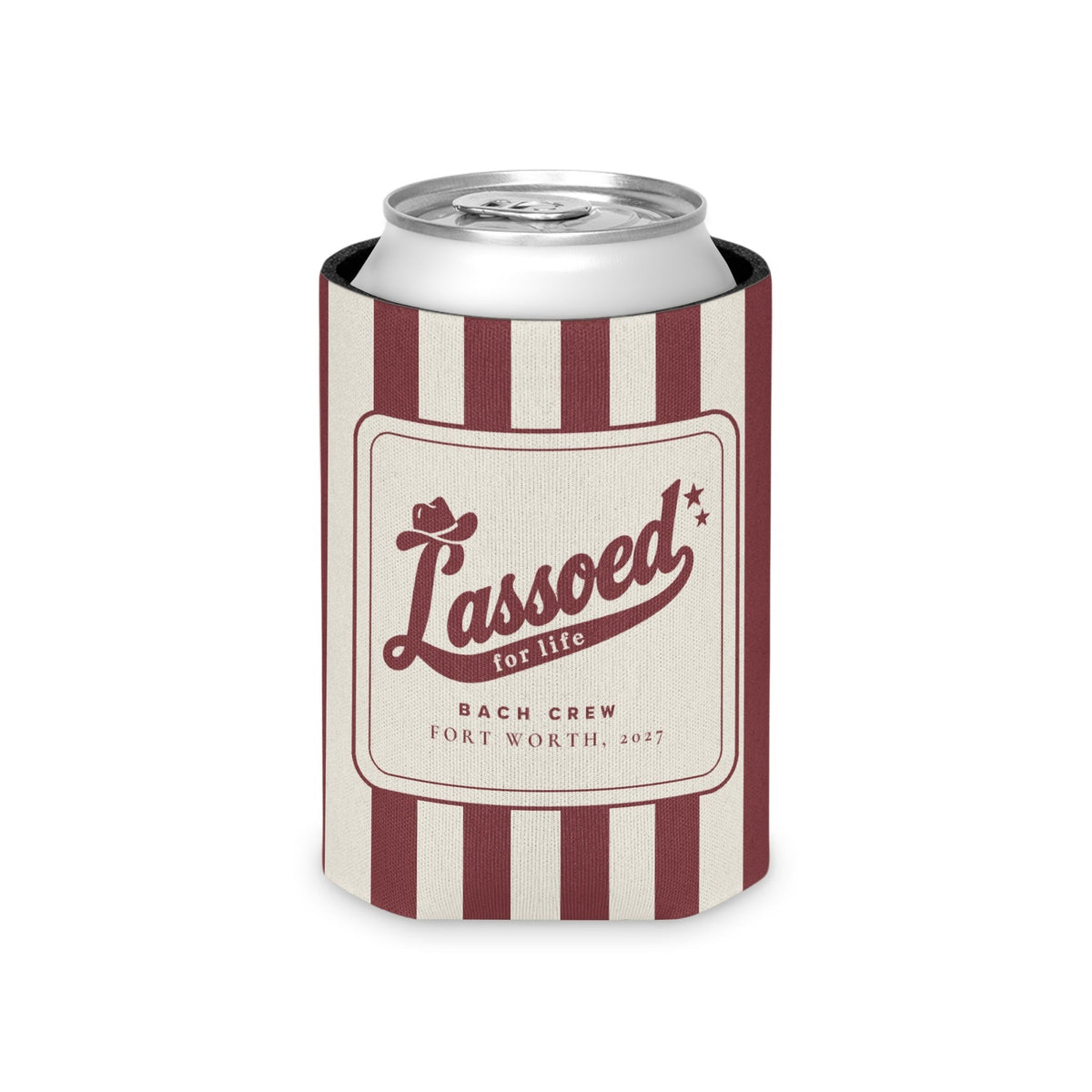 Lassoed For Life striped can cooler, Chili