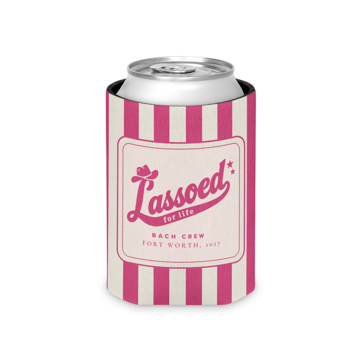Lassoed For Life striped can cooler, Crunchberry