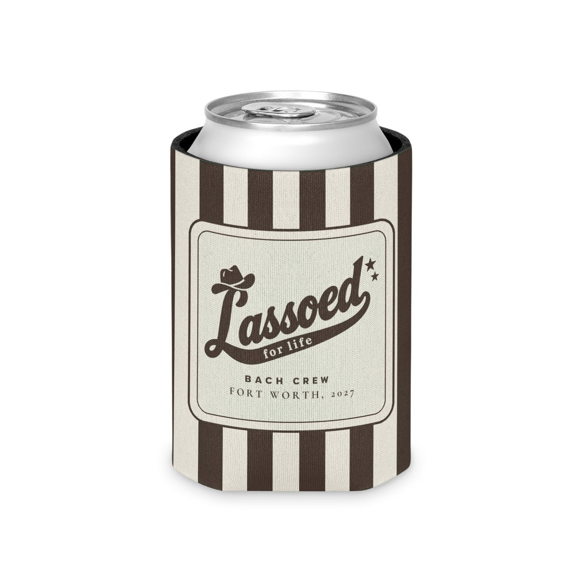 Lassoed For Life striped can cooler, Espresso